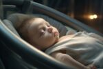 Cute little baby sleeping in a baby car seat at home